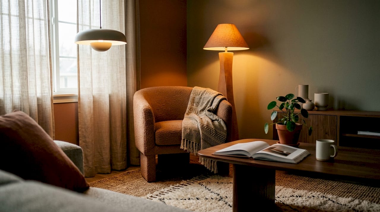 Warm layered lighting setup in living room corner