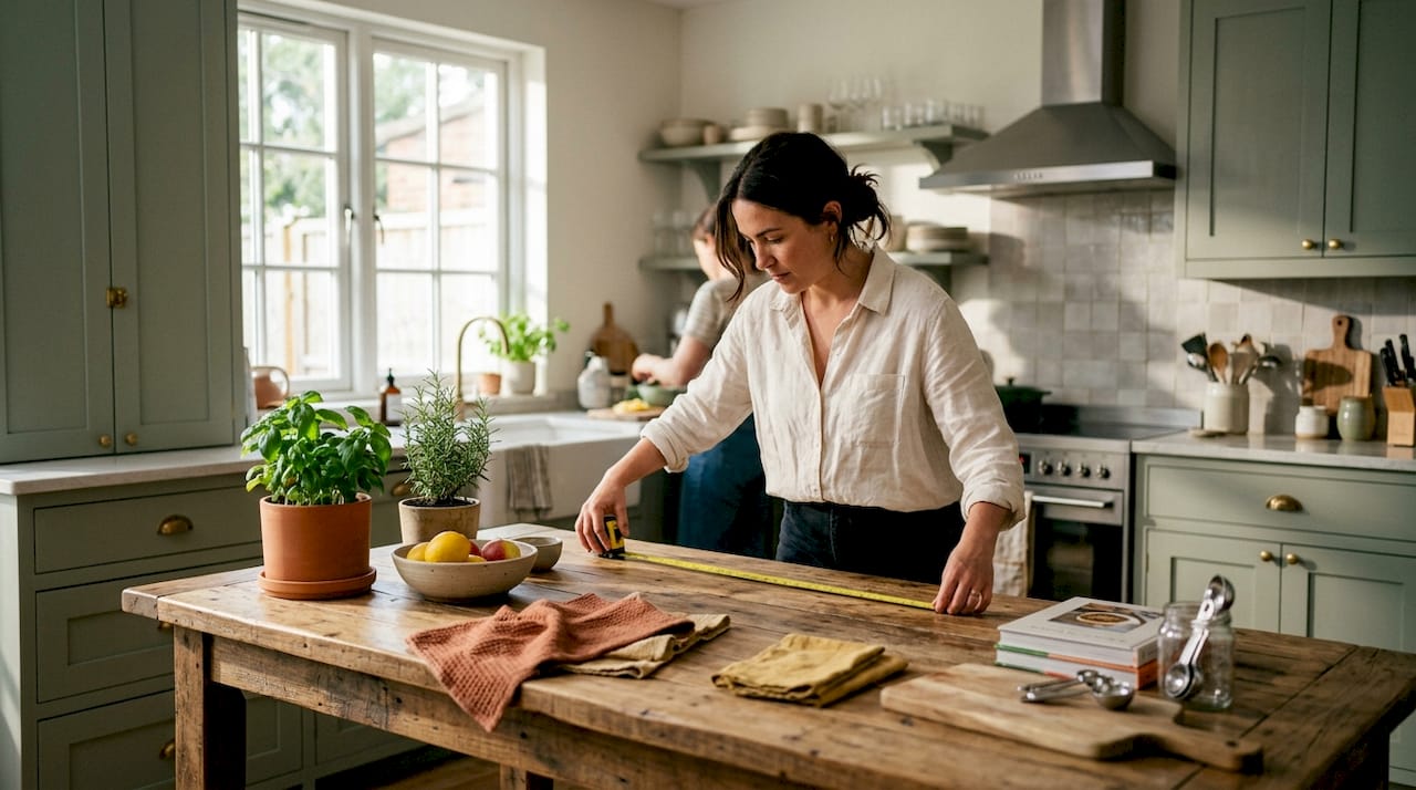Hands measuring kitchen counter space
