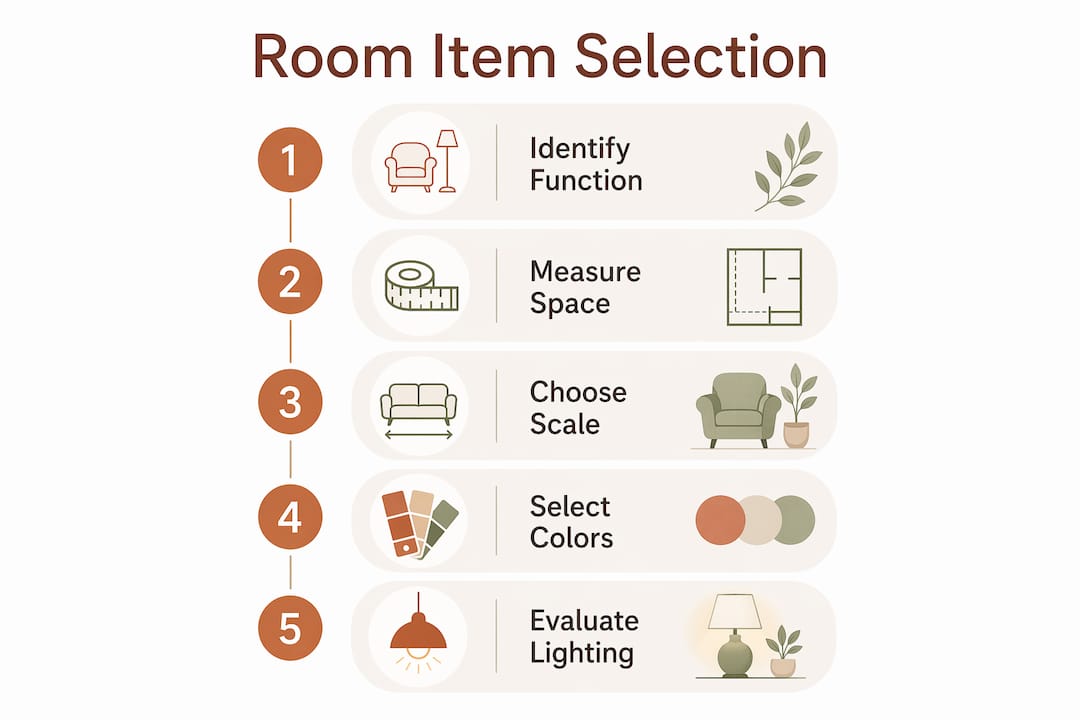 Infographic illustrating steps for room item selection
