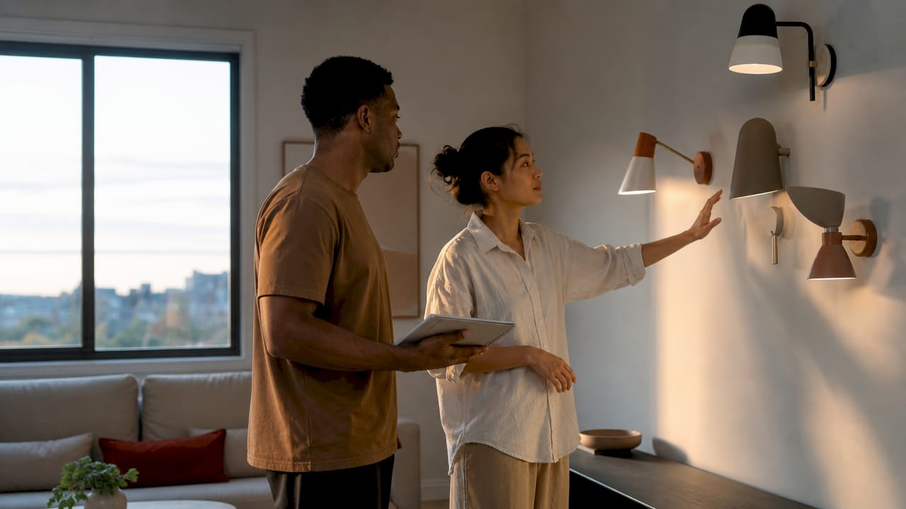 Friends discussing pendant lighting in kitchen