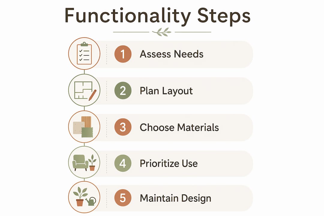 Vertical flow infographic of design functionality steps