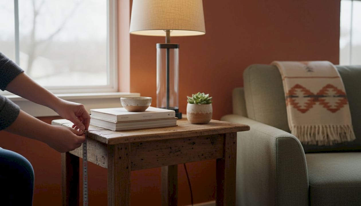 Hands measuring furniture for wall art sizing