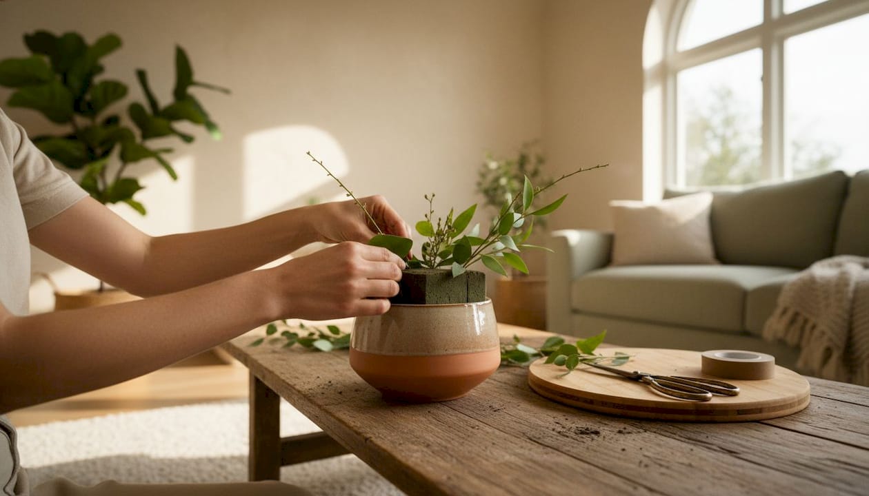 Hands placing greenery in centerpiece foam