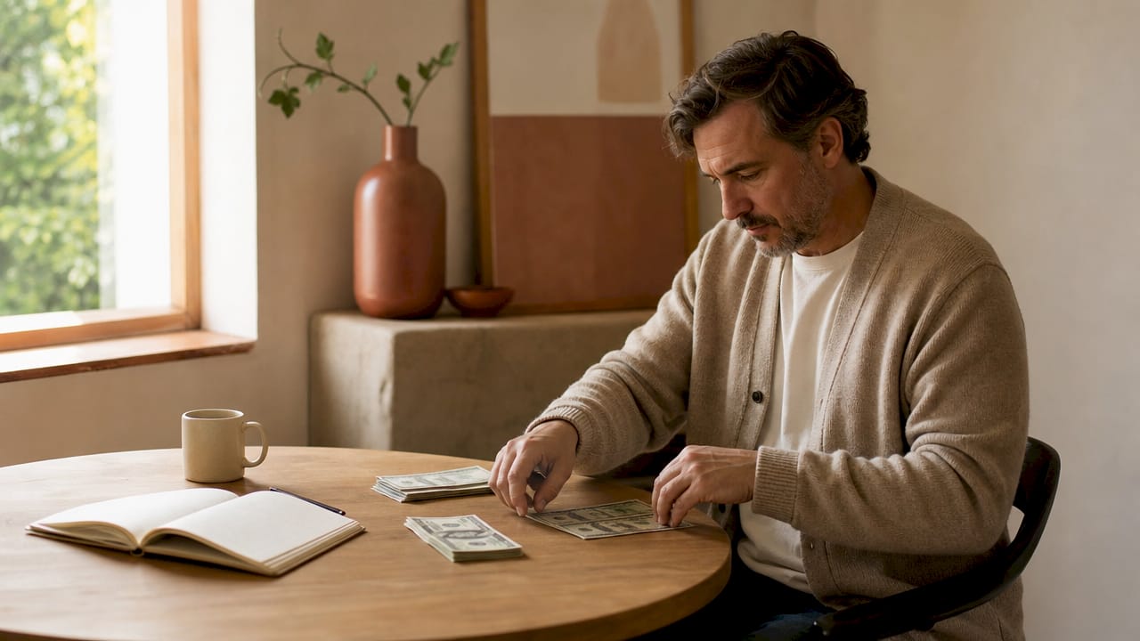 Hands counting money with budget notebook