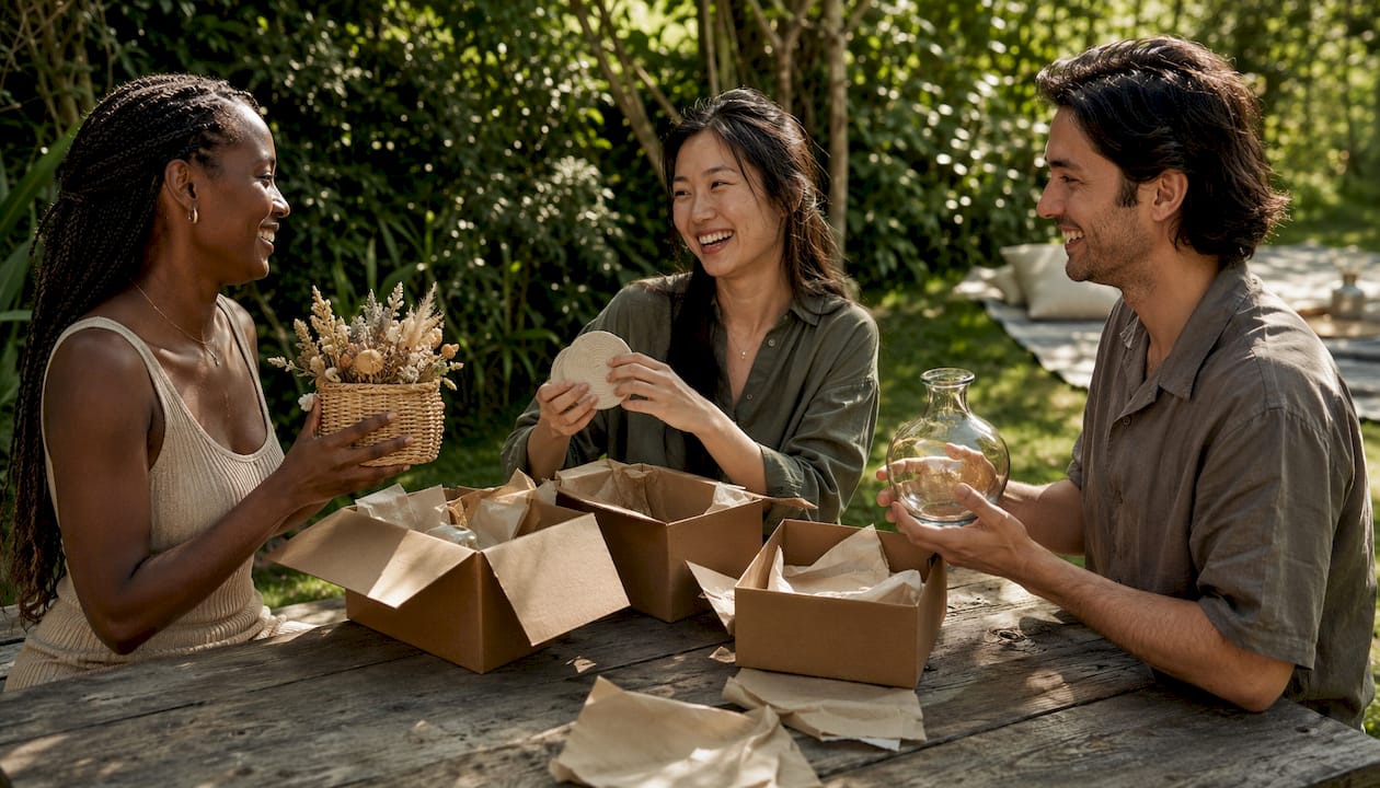 Diverse hands holding various home gift items