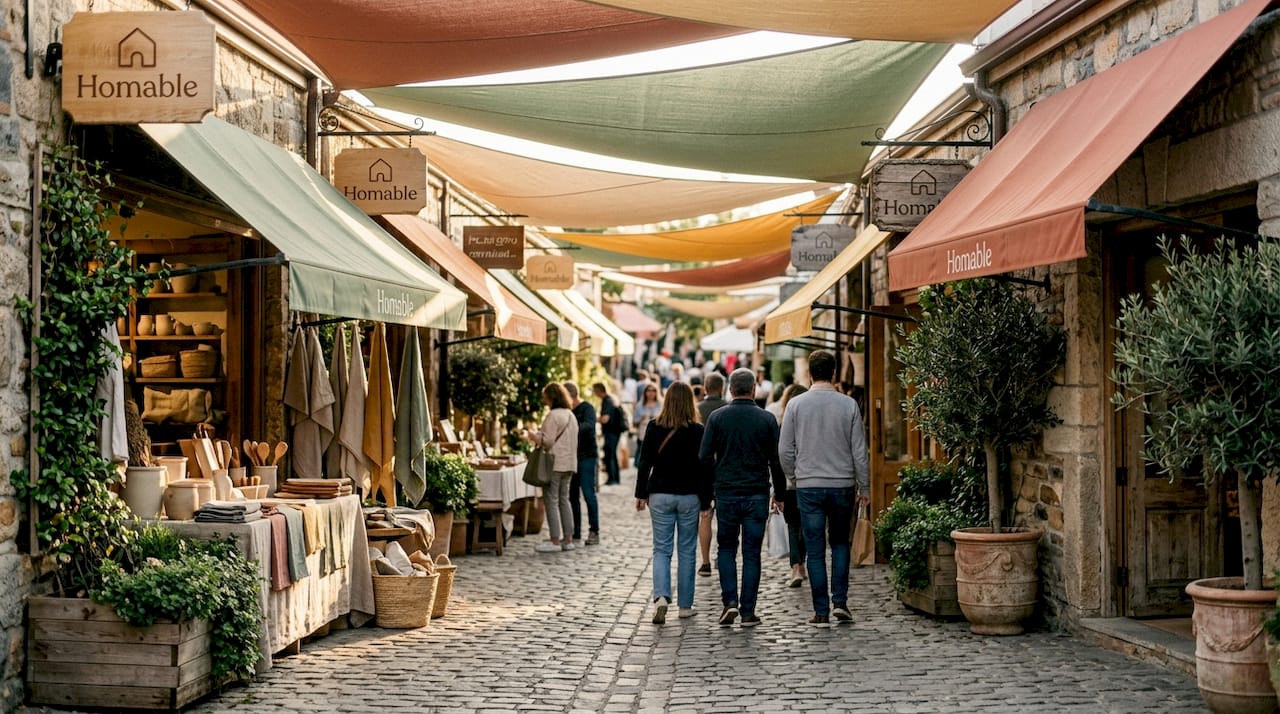Street view of retail awnings and branding