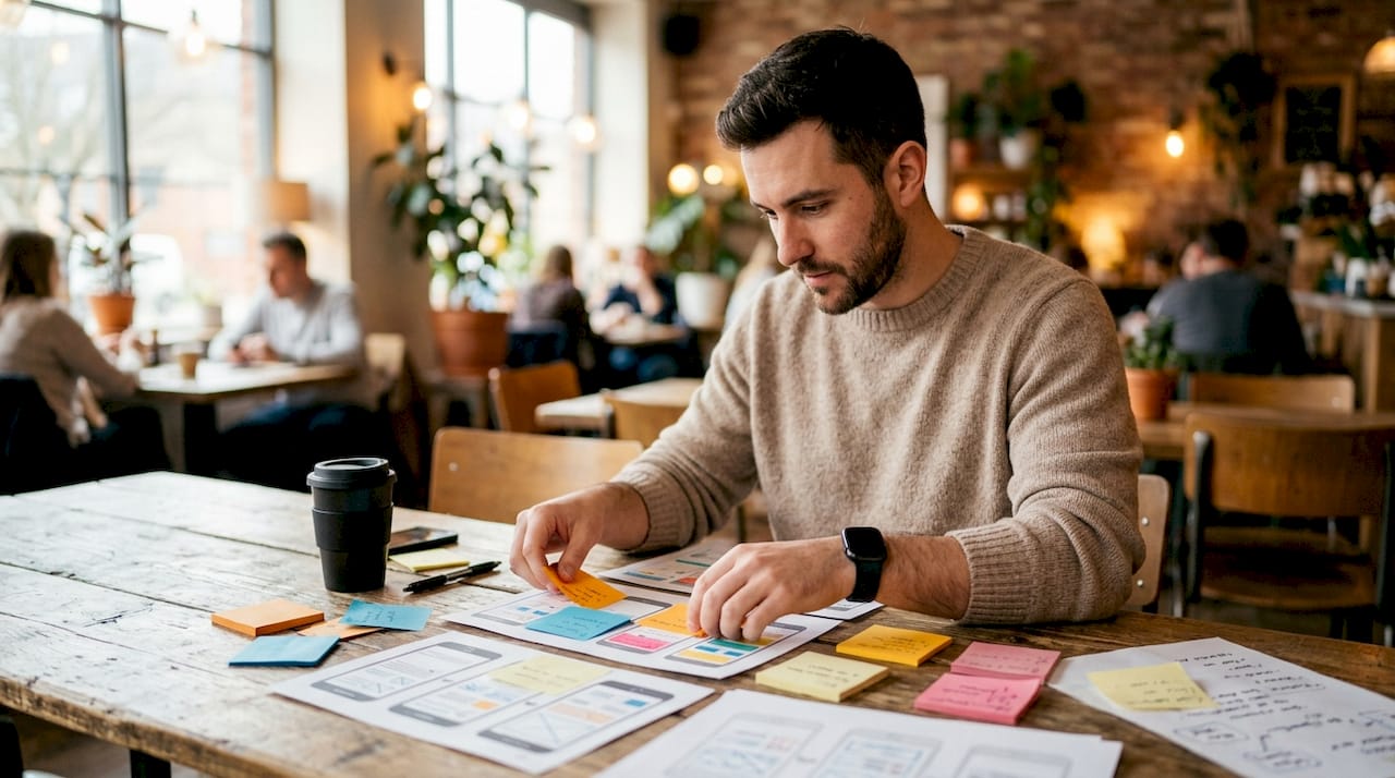 UX professional arranging paper interface layouts