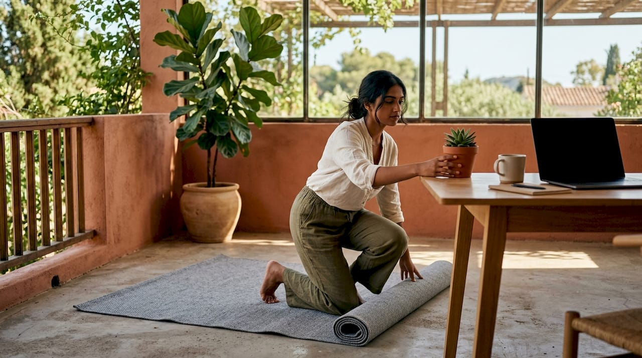 Woman placing rug in shared bedroom workspace