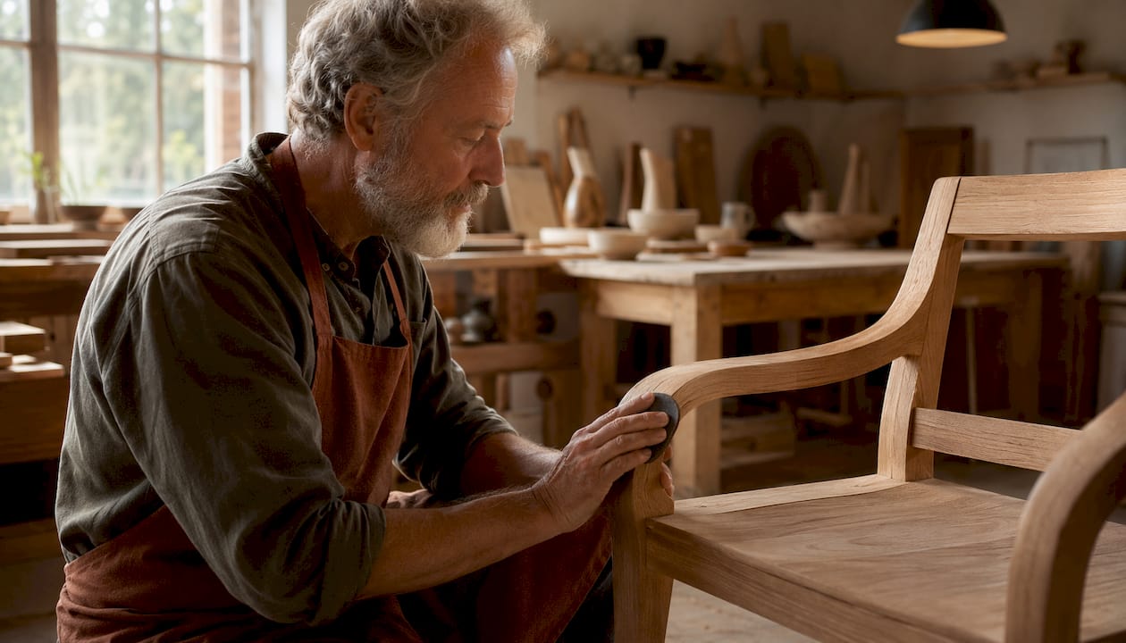 Craftsman sanding modern wooden chair armrest