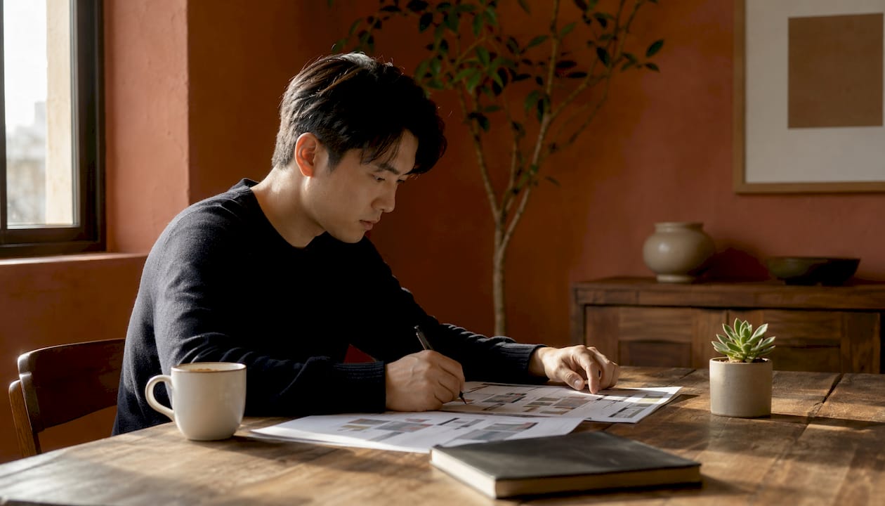 Overhead view of man reviewing home update workflow papers