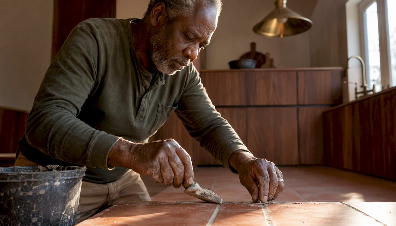 Hands installing terracotta floor tile in modern kitchen