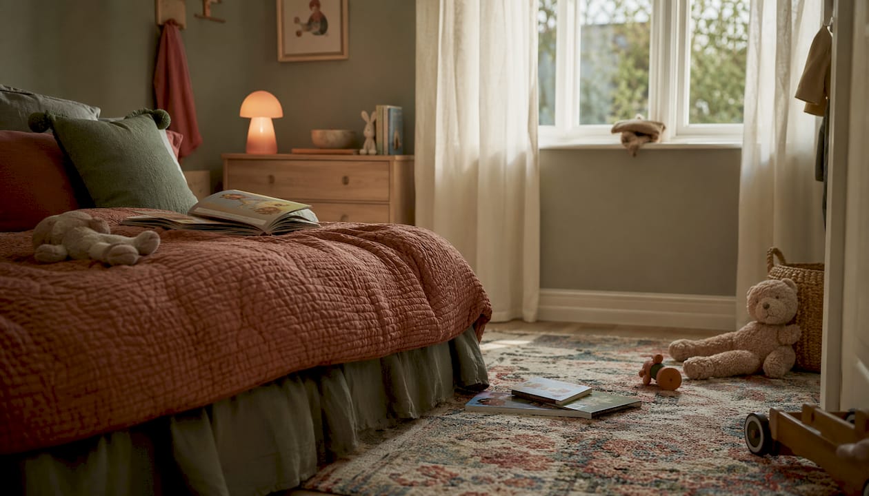 Earthy toned UK kids bedroom interior