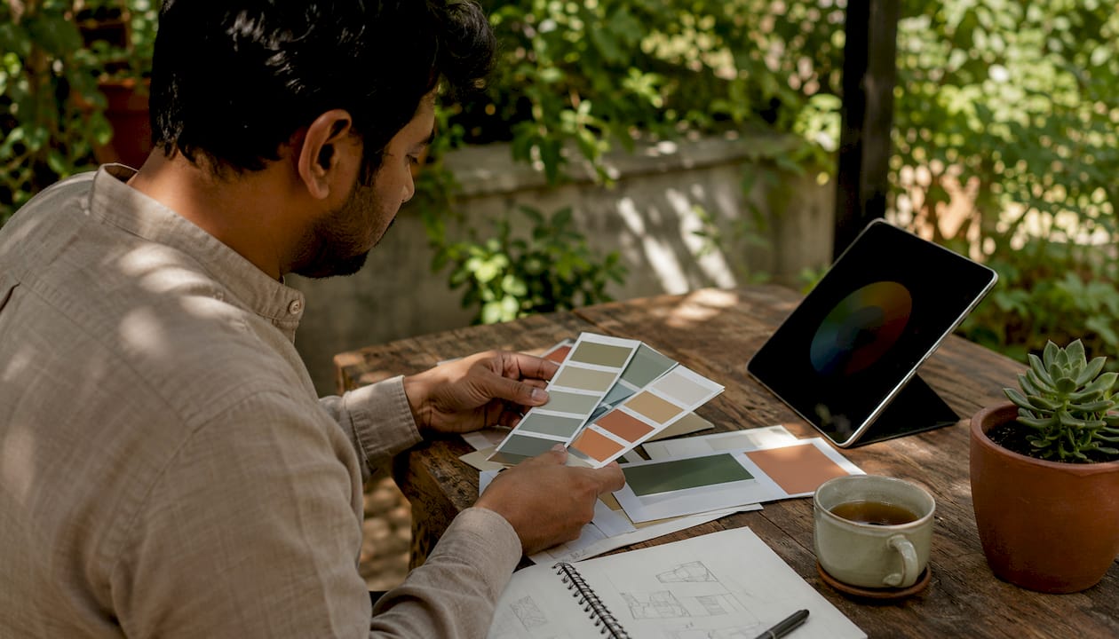 Designer hands exploring colour swatches and digital palette