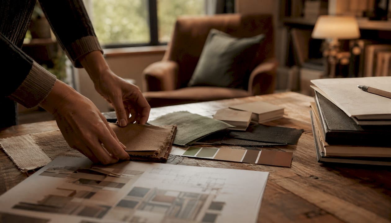 Hands arranging swatches with brief on table
