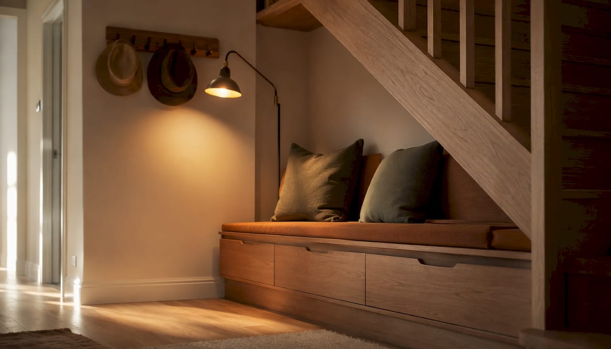 Under-stairs storage bench in warm interior