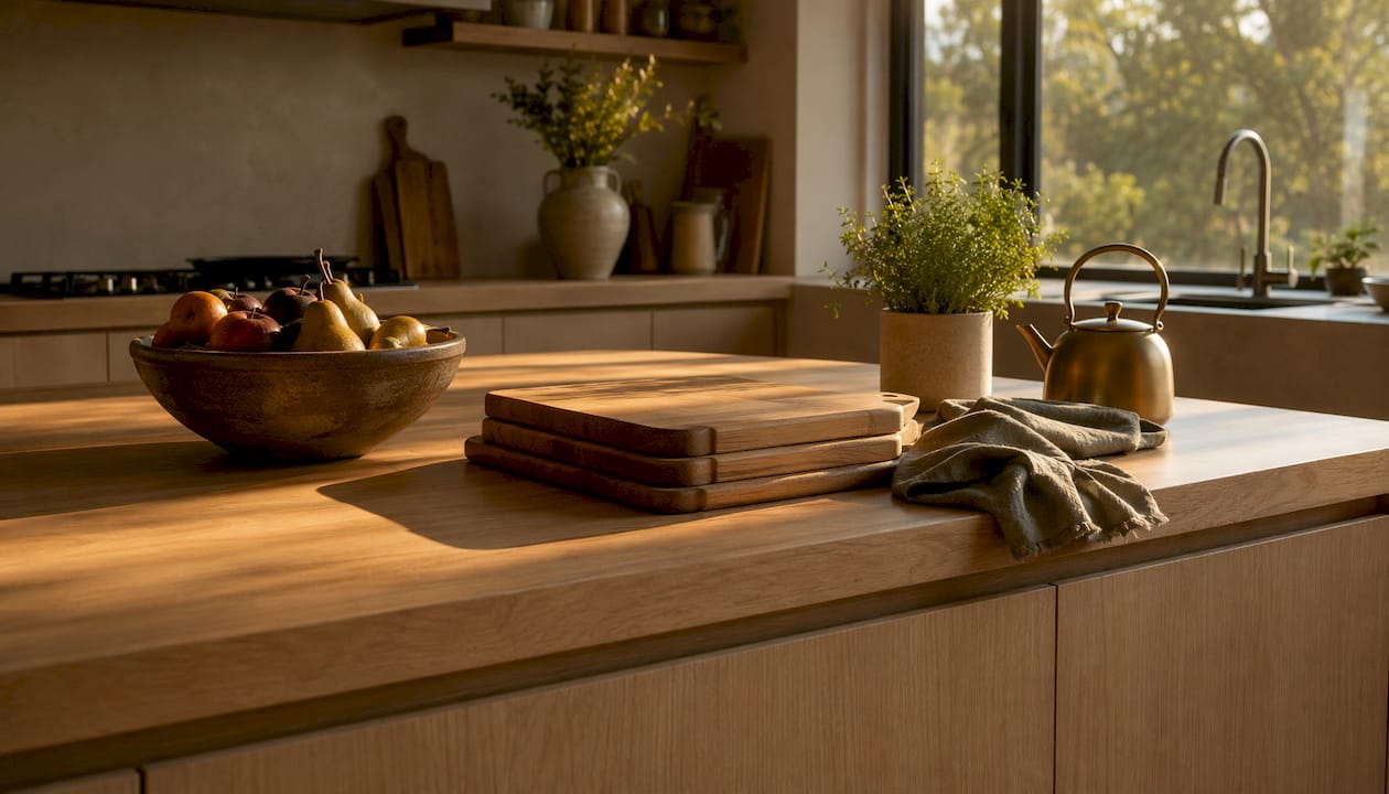 Overhead view of kitchen accessories on wooden countertop
