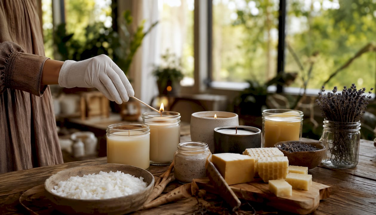 Close-up of natural wax candles and ingredients