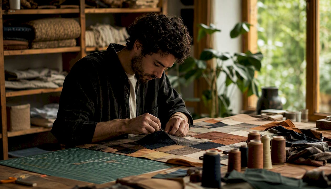 Close-up of artisan hands working with textiles