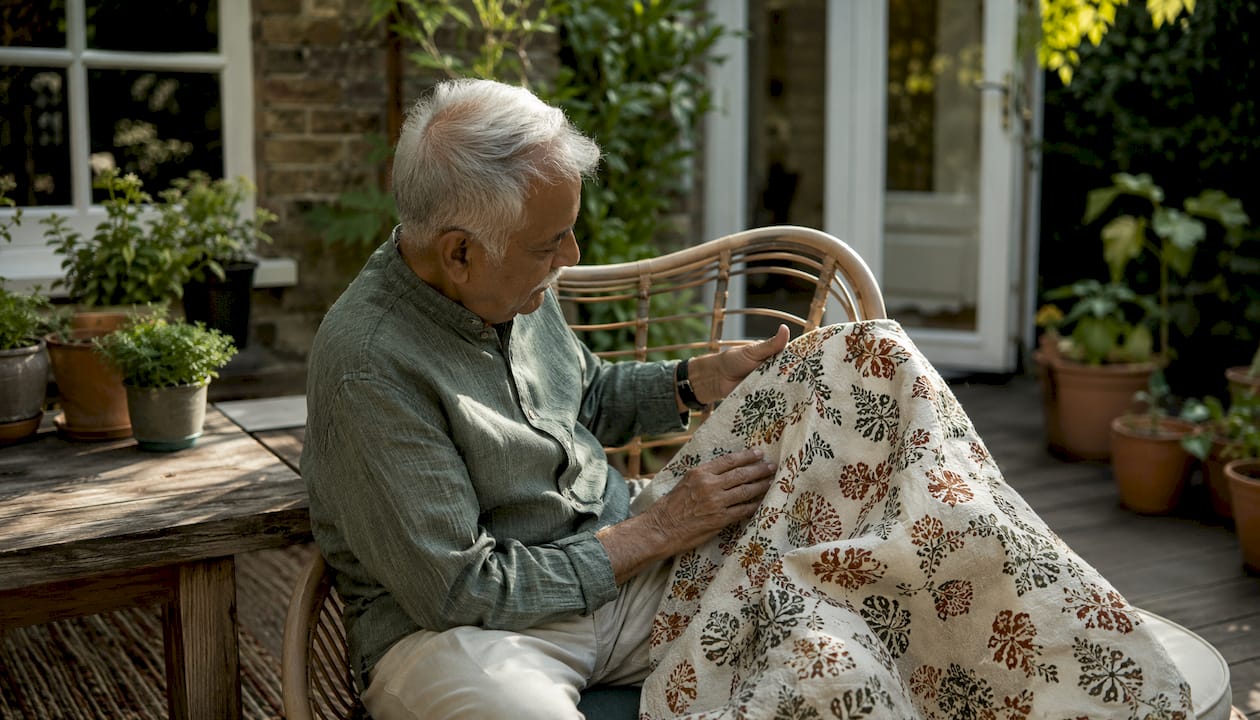 Man feeling texture of wool throw on armchair