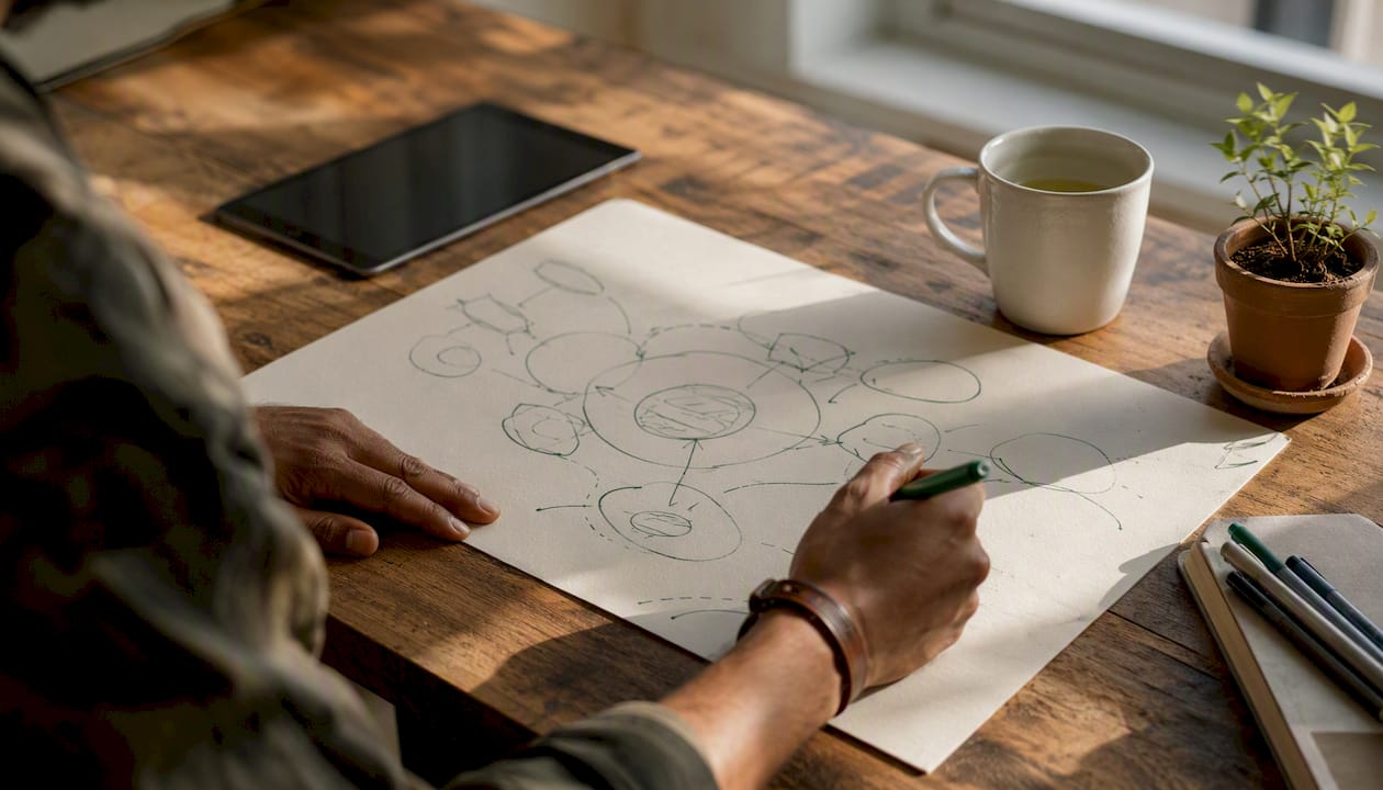 Hands sketching functional layout bubble diagram