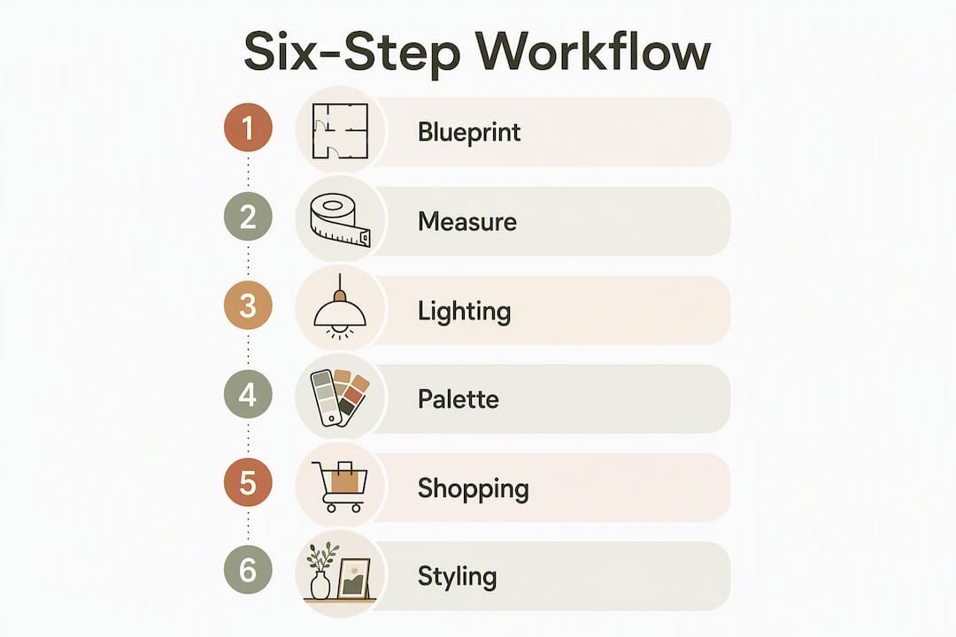 Infographic illustrating six-step design workflow