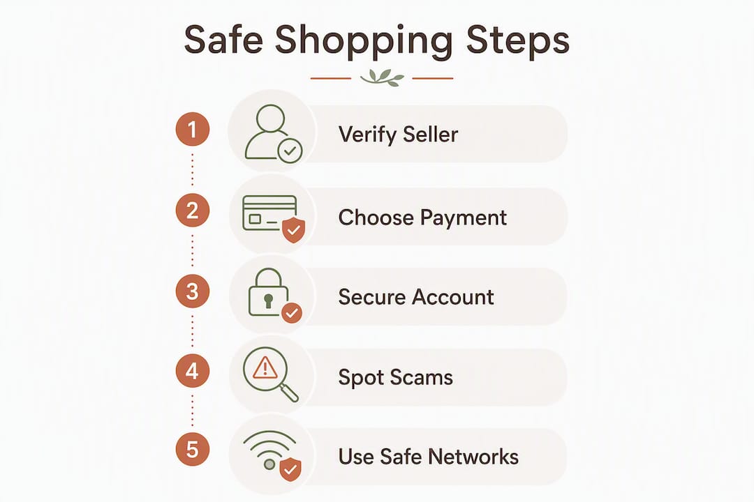 Infographic outlining steps for safe online shopping in the UK