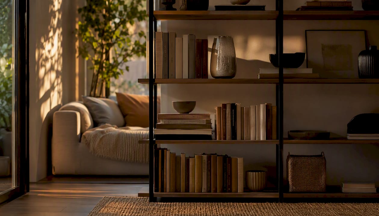 Living room with demountable bookcase dividing space