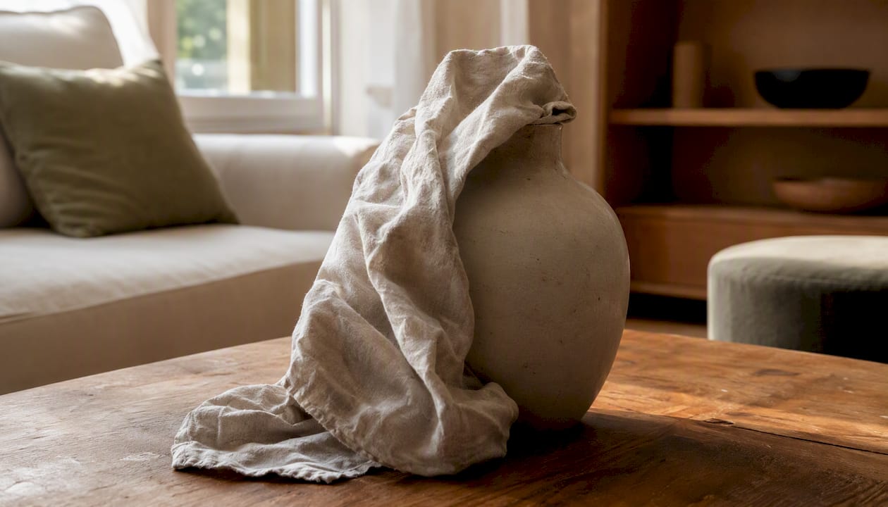 Close-up of linen throw and ceramic pot textures