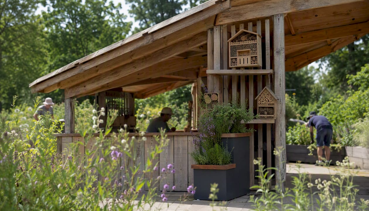 Community garden pavilion with pollinator habitats