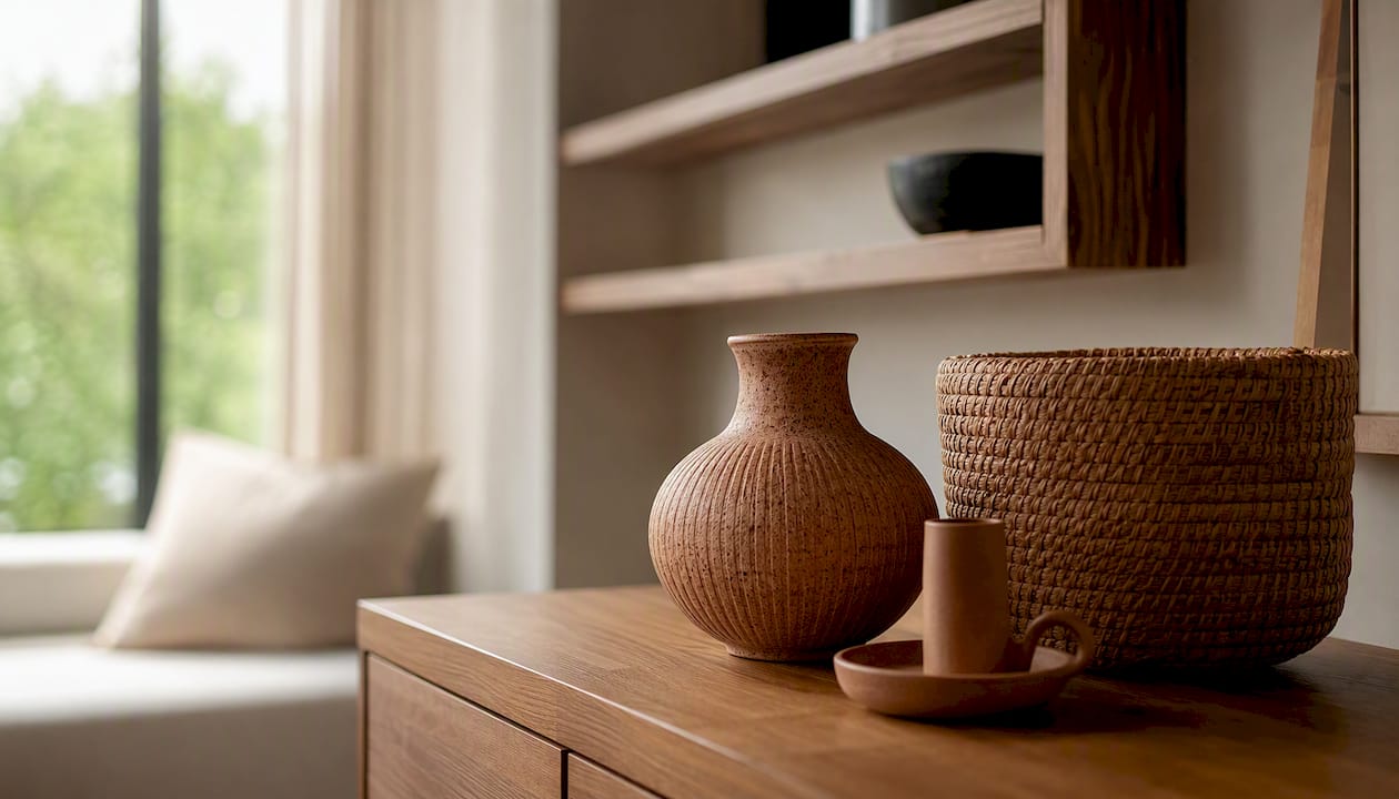 Home accessories on terracotta surface