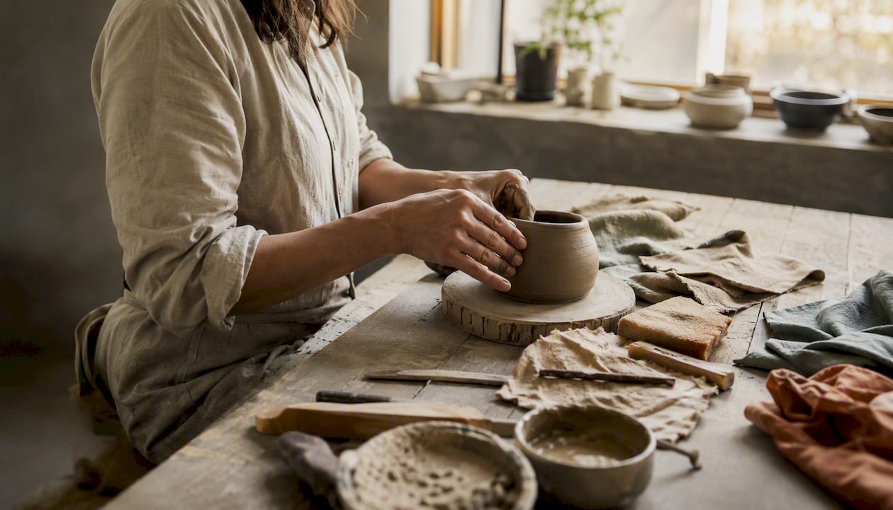 Hands shaping clay on pottery wheel