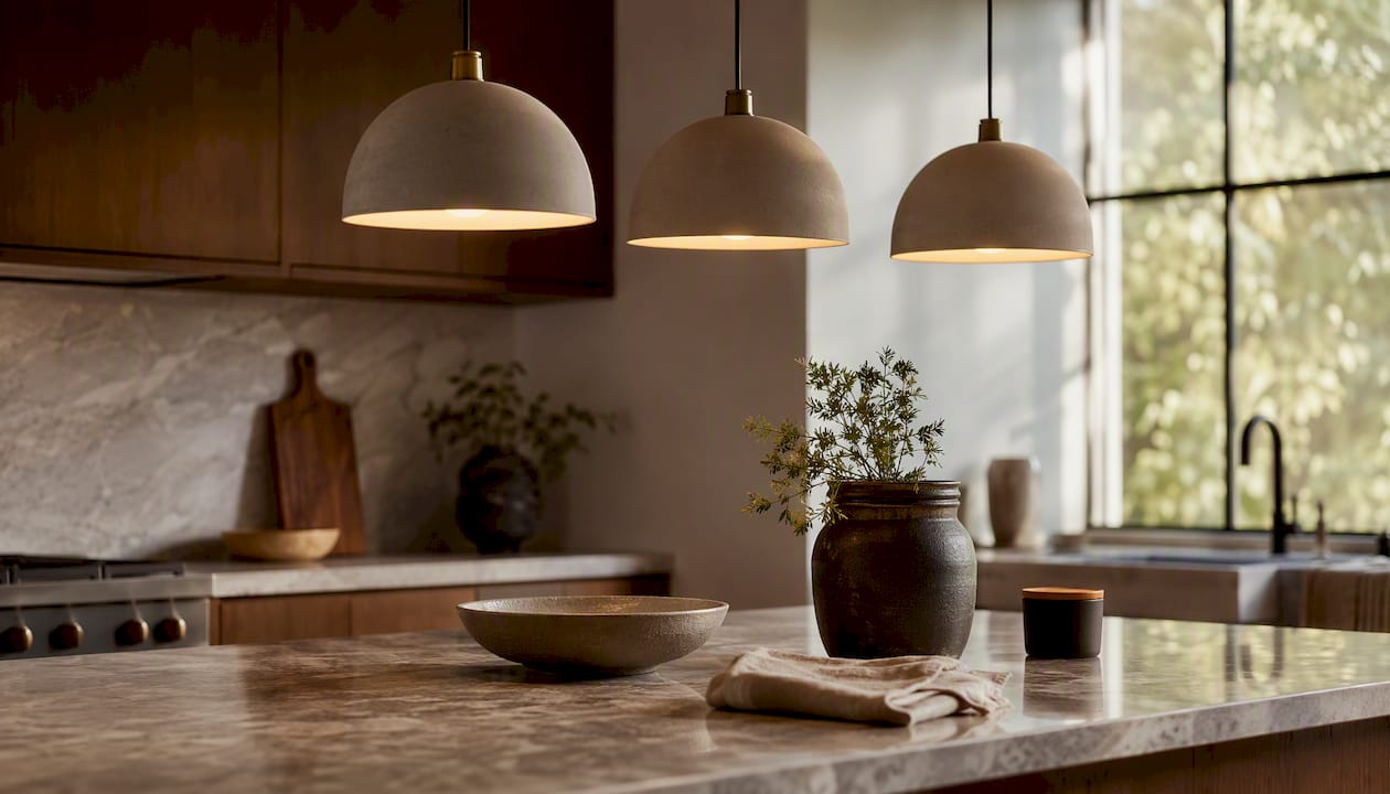 Row of pendant lights over kitchen island