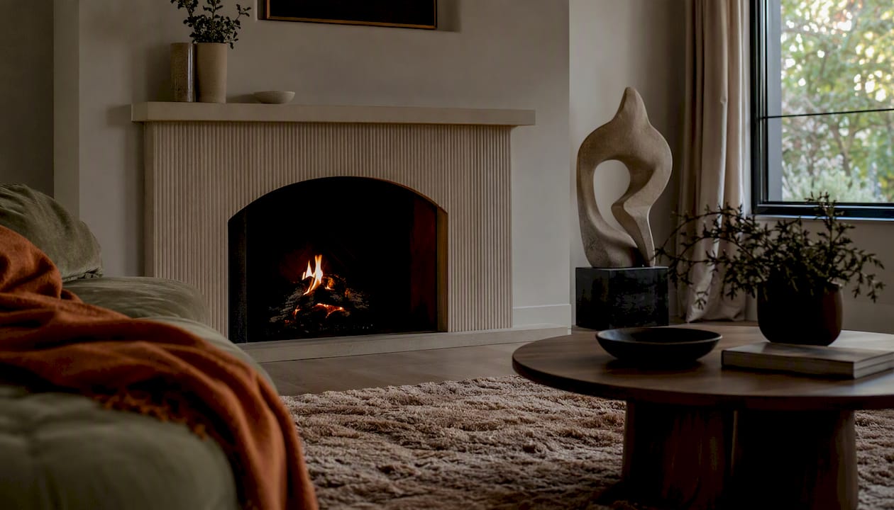 Modern living room corner with fireplace focus