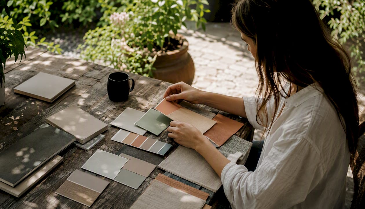 Designer hands arranging color palette samples