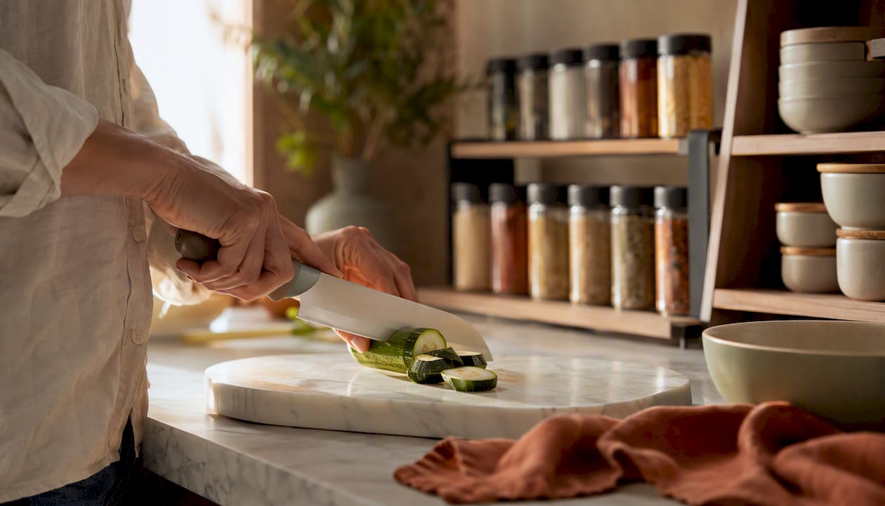 Hands using ergonomic kitchen peeler