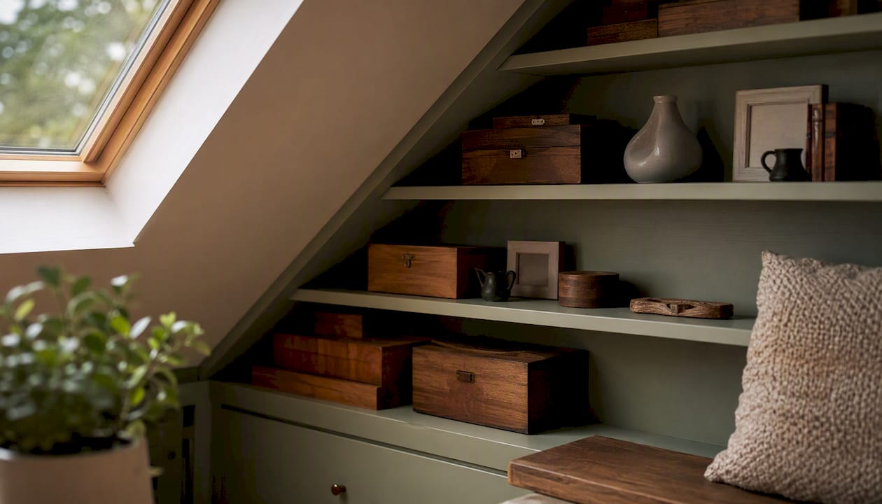 Built-in shelves in sloped loft nook