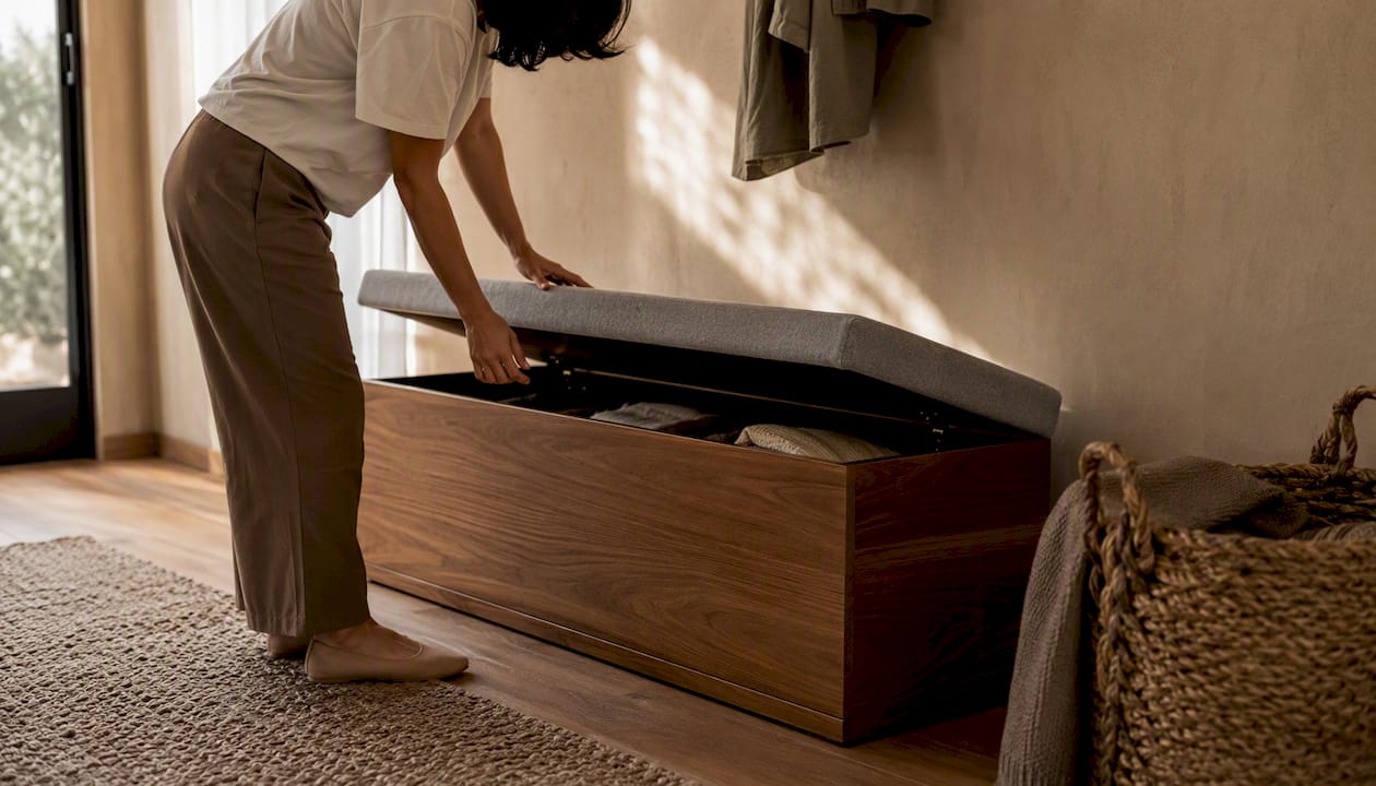 Opening a storage bench lid to reveal cavity interior
