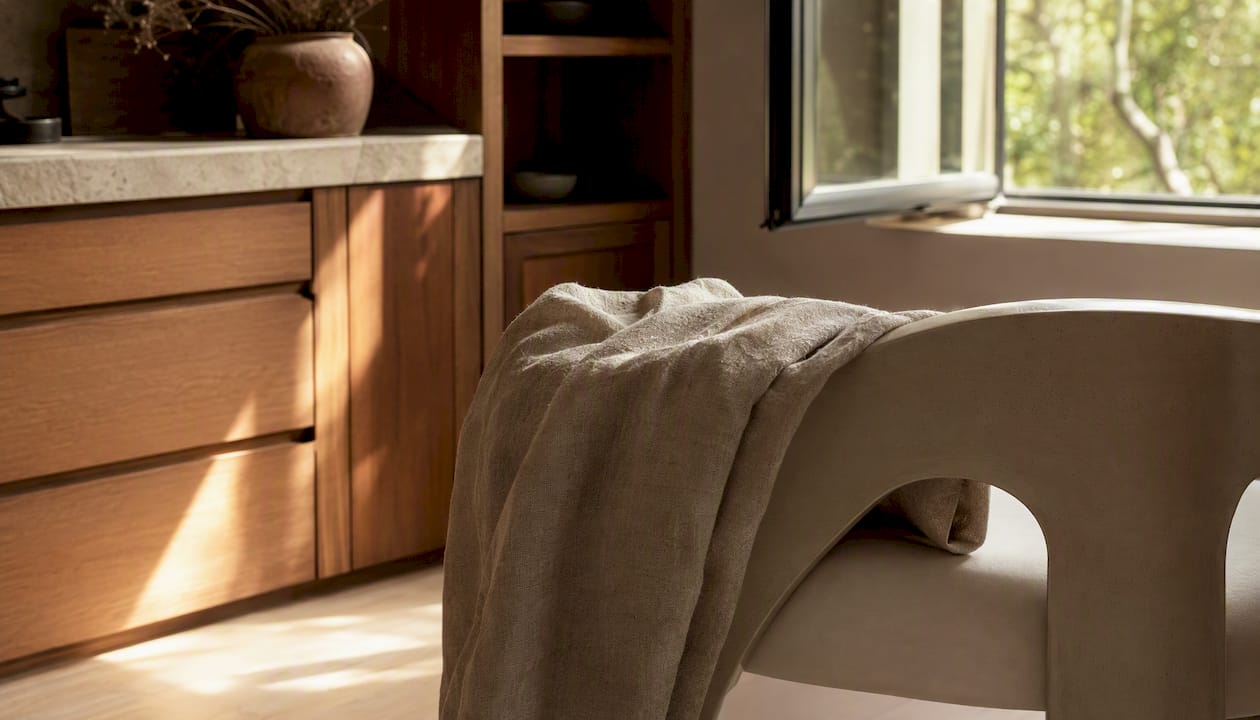 Raw linen fabric on wooden chair