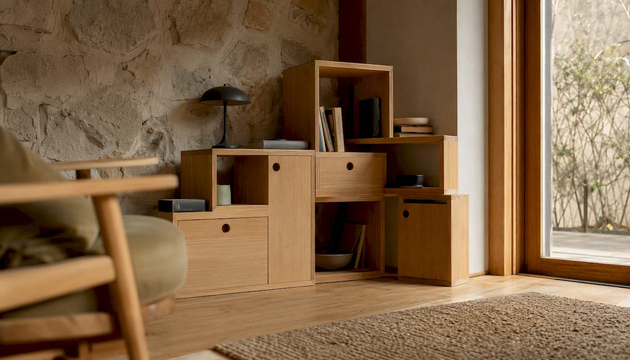 Modular wooden storage units stacked in living space