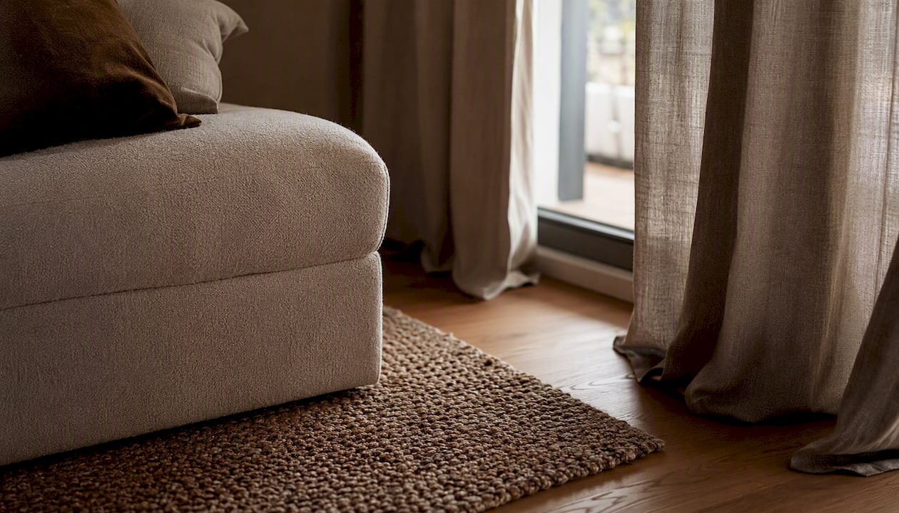 Thick rug and curtains reducing noise