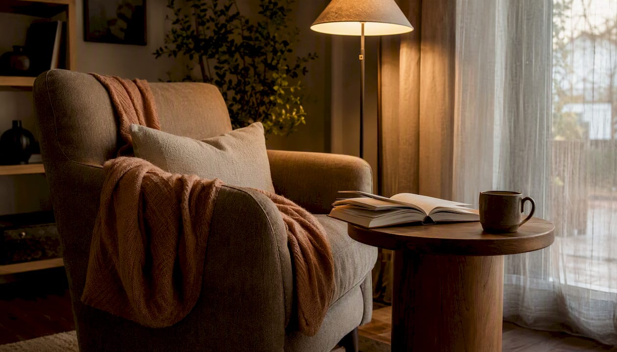 Warm reading lamp lighting a cozy corner