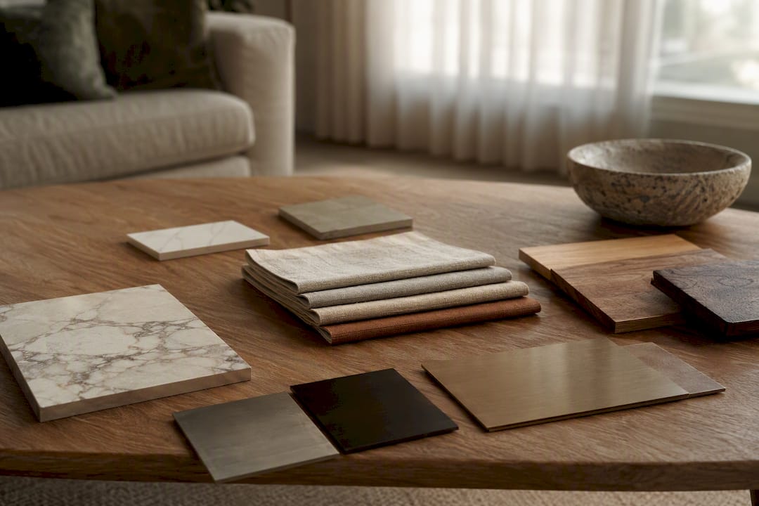 Curated materials sample swatches on table
