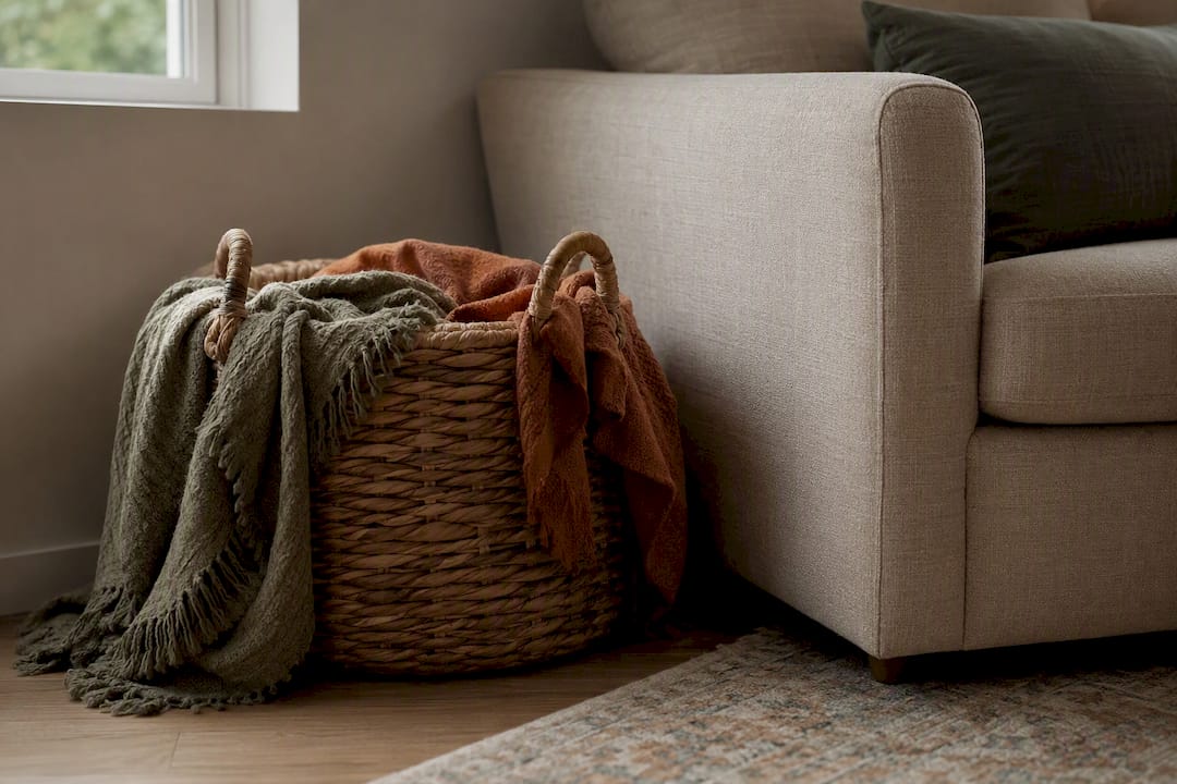 Large basket with throws next to sofa