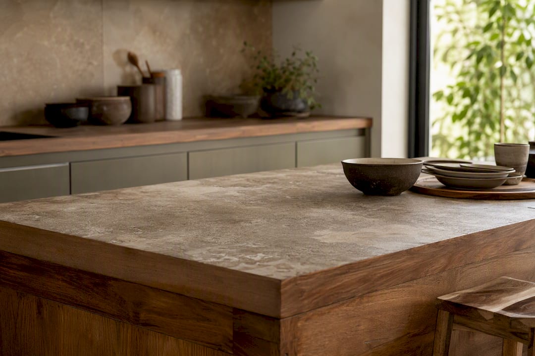 Natural stone and wood kitchen countertop detail