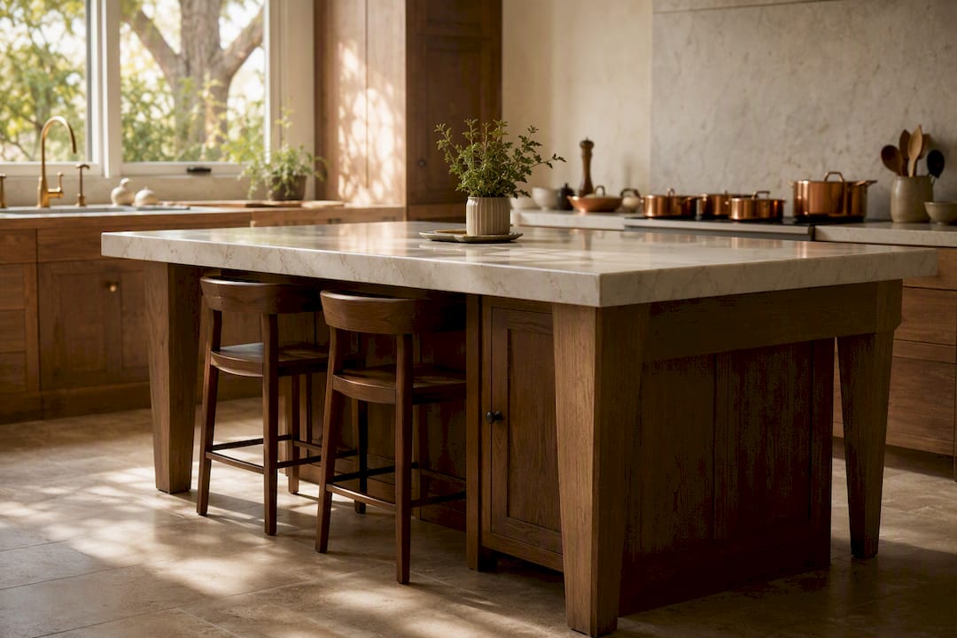 Freestanding kitchen island with integrated natural fiber seating
