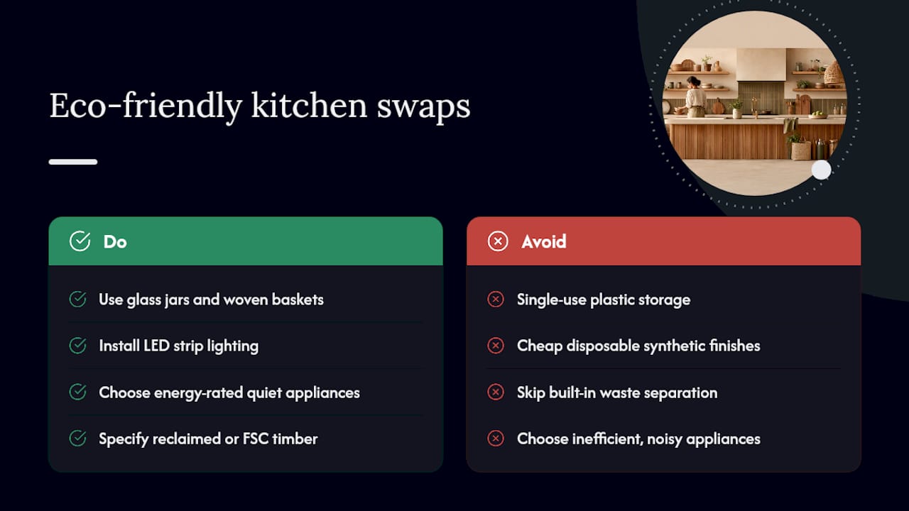 Diagram of sustainable kitchen material and appliance swaps