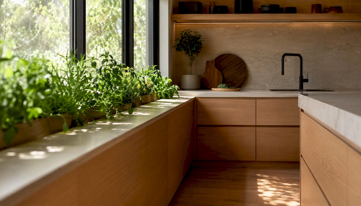 Kitchen corner with natural light and indoor plants