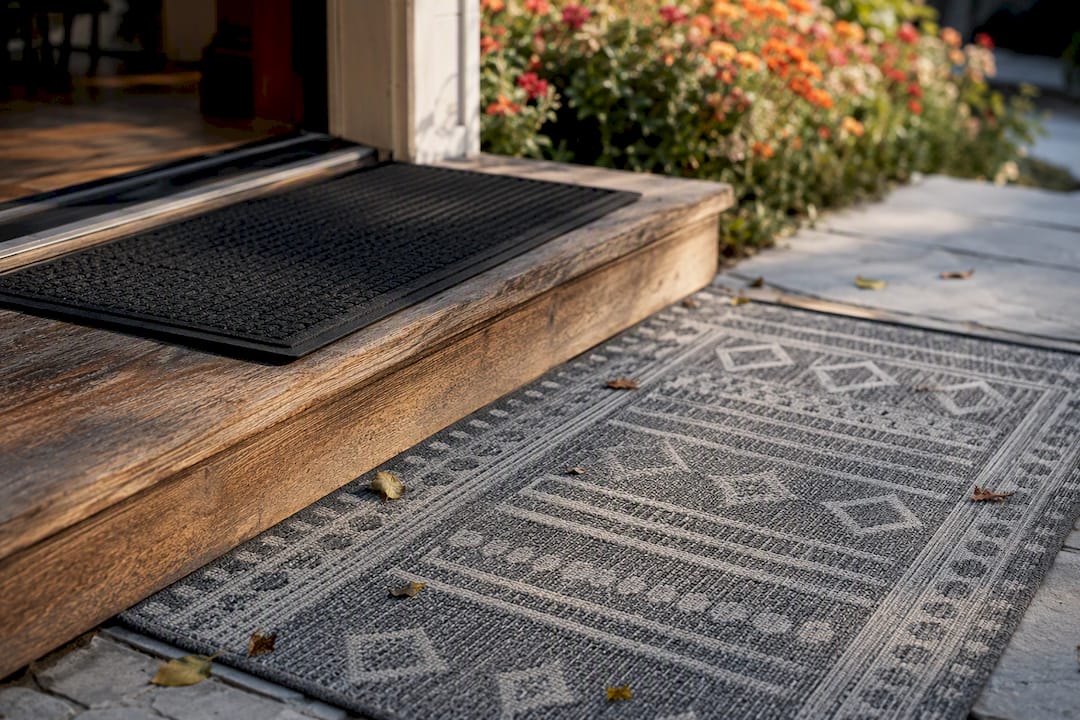 Rubber door mat and washable runner on outdoor patio