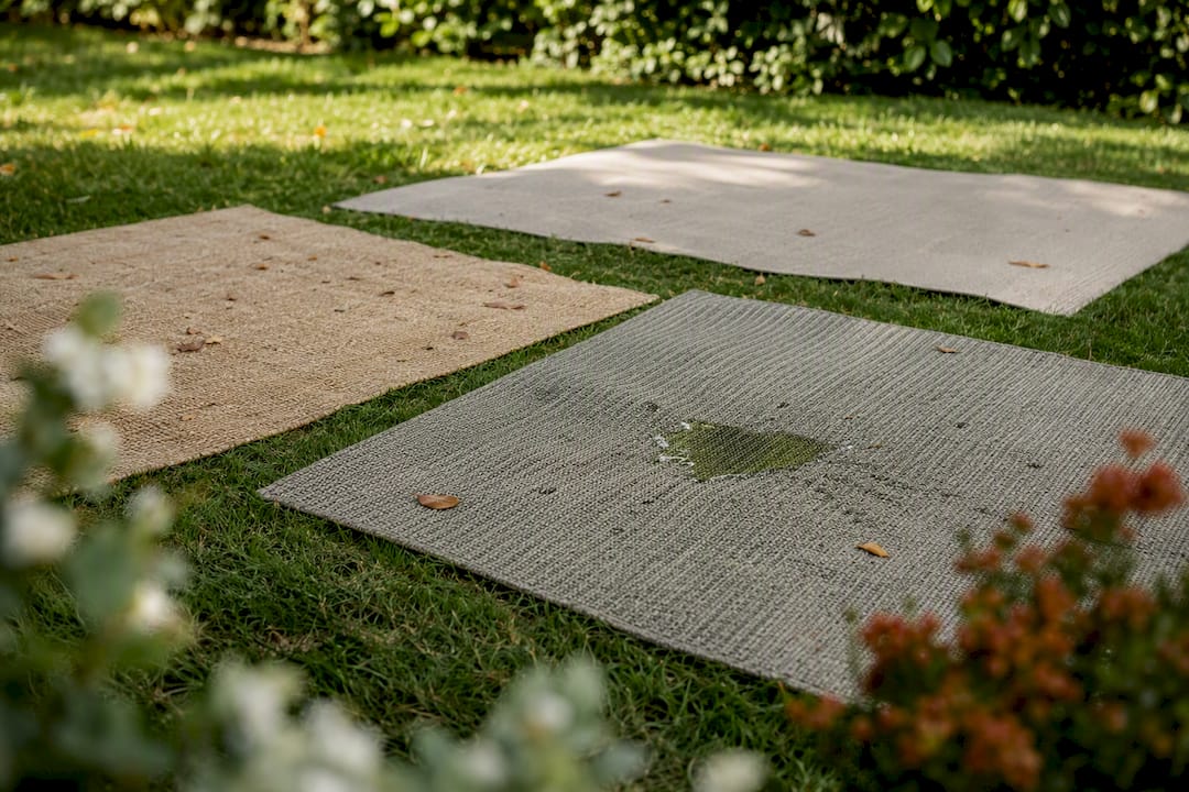 Close-up of different outdoor rug textures showing water resistance