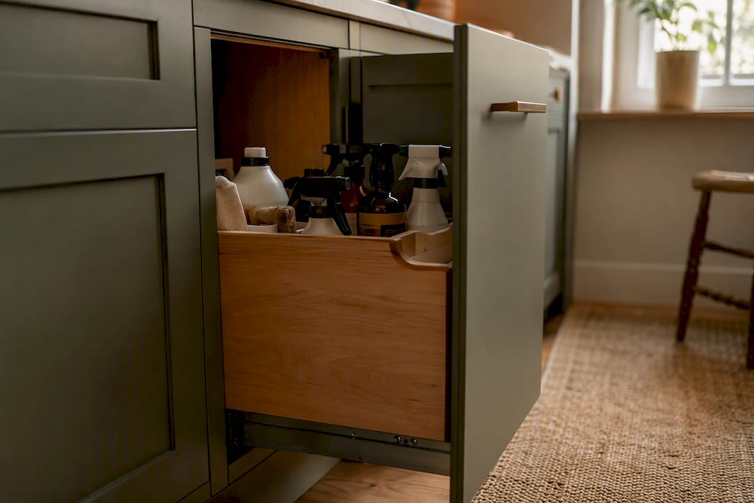 Pull-out wire drawer in deep kitchen cabinet